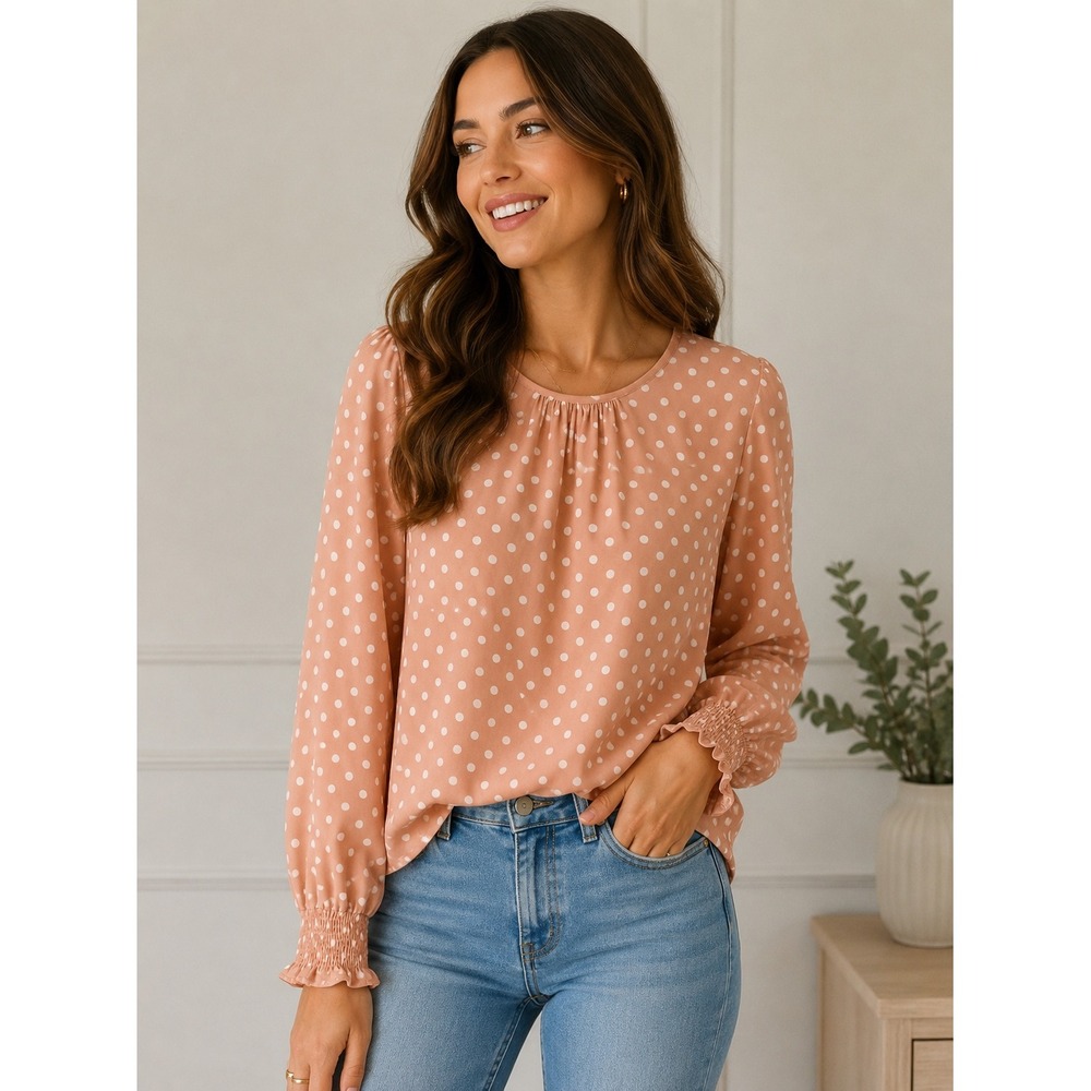 J.Crew Pink Polka Dot Blouse Size L White Dot Smocked Sleeve Peasant Top‎